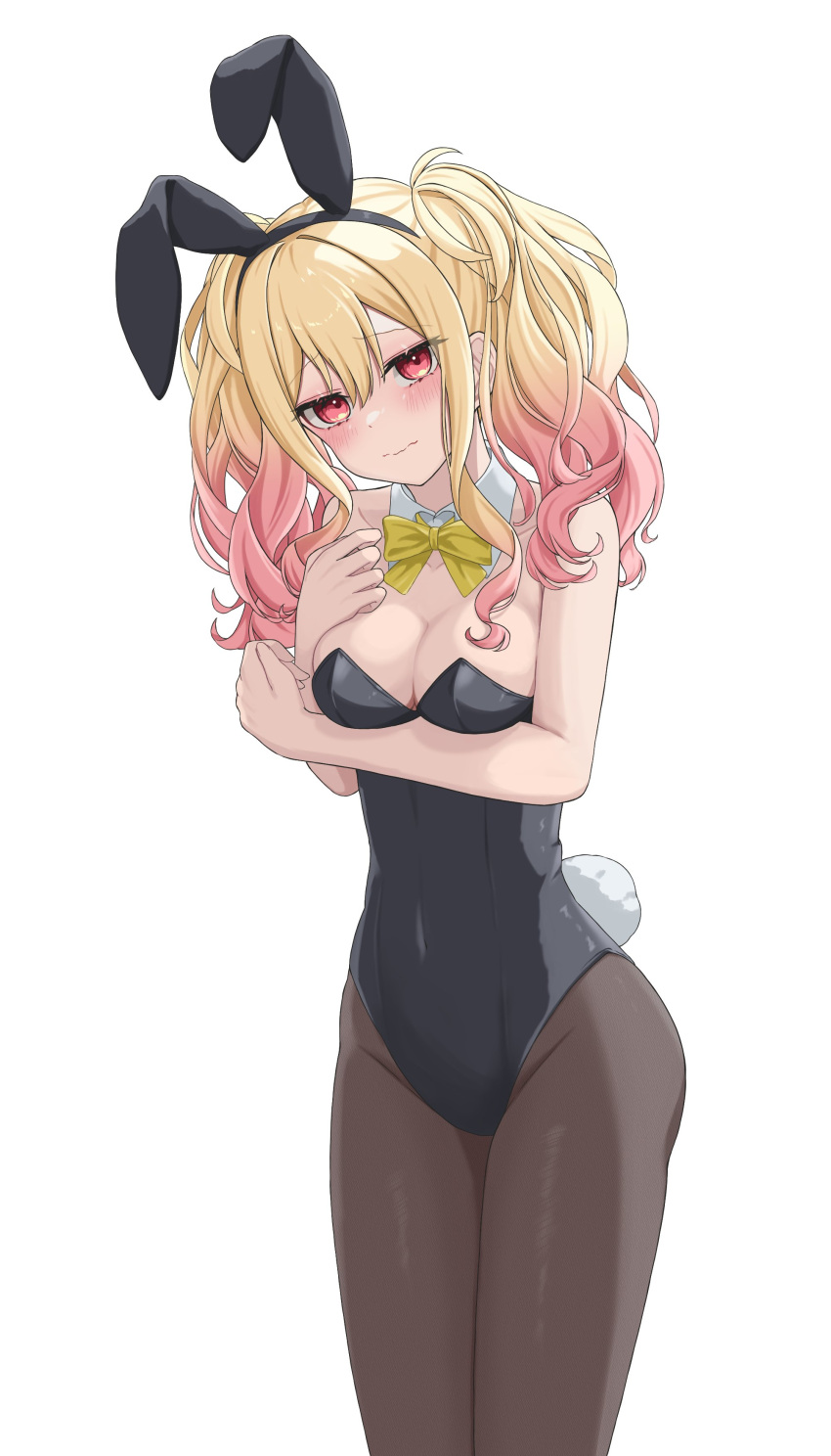 1girl absurdres alternate_costume animal_ears arm_under_breasts blush bow bowtie breast_hold breasts detached_collar fake_animal_ears highres hinato1710 leotard long_hair looking_at_viewer multicolored_hair pantyhose playboy_bunny project_sekai rabbit_ears rabbit_tail solo standing strapless strapless_leotard tail tenma_saki twintails wrist_cuffs