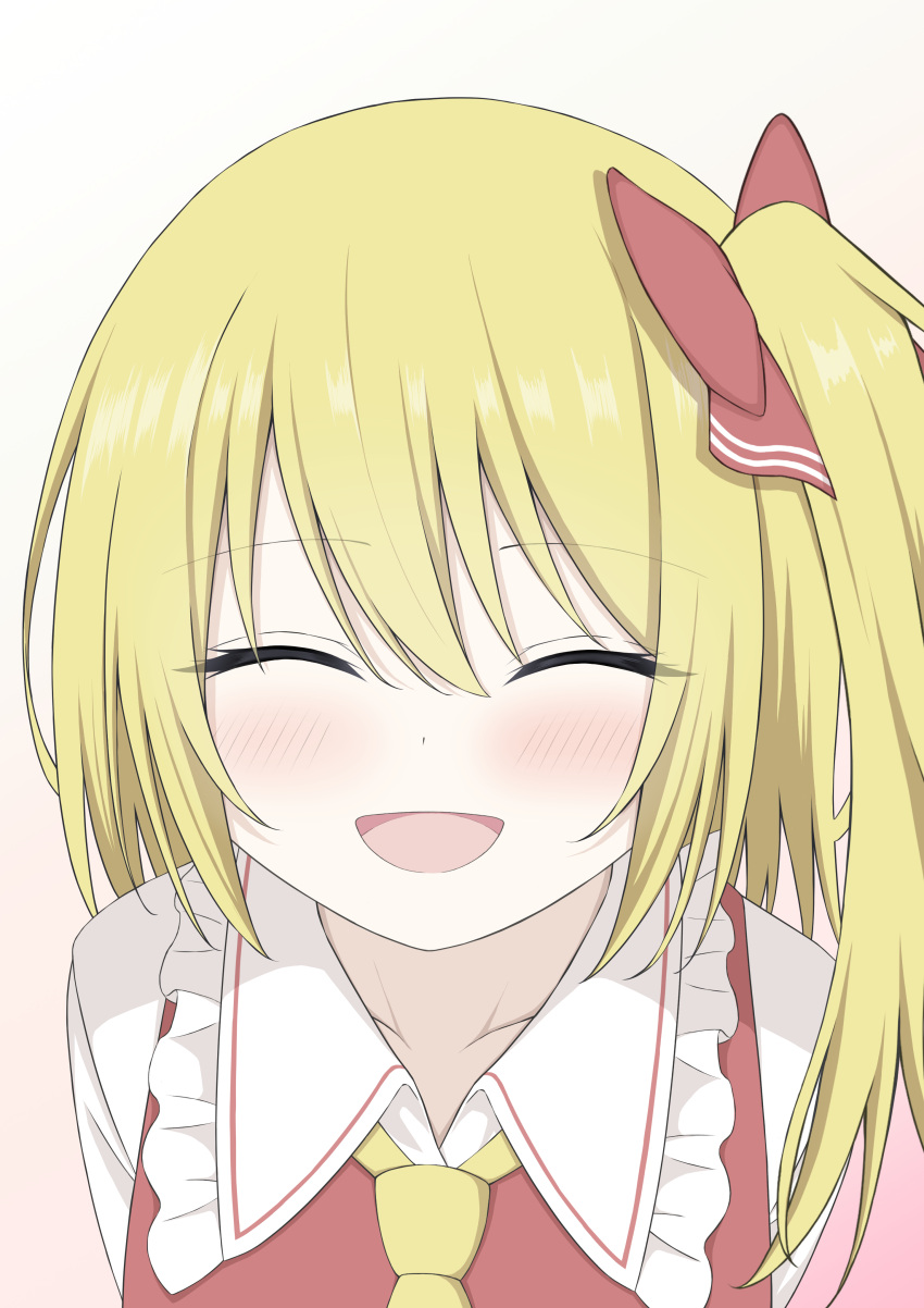 1girl :d ^_^ absurdres ascot blonde_hair bow close-up closed_eyes commentary facing_viewer flandre_scarlet frilled_shirt_collar frills hair_between_eyes hair_bow happy highres long_hair no_headwear open_mouth red_bow red_vest side_ponytail simple_background smile solo straight_hair szl touhou vest weapon white_background yellow_ascot