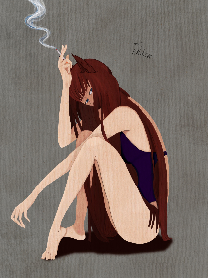 1girl absurdres animal_ears barefoot blue_eyes cat_ears cat_girl cat_tail cigarette commentary covered_mouth english_commentary feet from_side full_body highres holding holding_cigarette iahtar long_hair one-piece_swimsuit original purple_one-piece_swimsuit red_hair signature sitting smoke smoking solo swimsuit tail toes