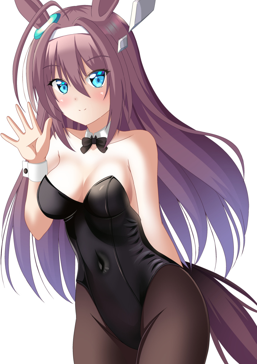 1girl aki_(kagamitotukasakonata) animal_ears black_bow black_bowtie black_leotard blue_eyes bow bowtie breasts brown_hair covered_navel detached_collar highres horse_ears horse_girl horse_tail leotard medium_breasts mihono_bourbon_(umamusume) nontraditional_playboy_bunny pantyhose simple_background solo tail umamusume white_background wrist_cuffs