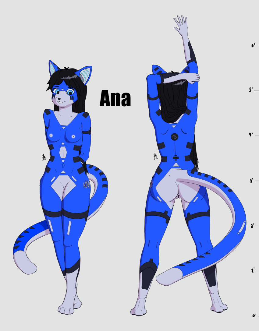 2020 absurd_res ana_(justablank) android anthro anus breasts colored digital_drawing_(artwork) digital_media_(artwork) felid feline felis female female_anthro fur fur_markings genitals hi_res justablank machine mammal markings medium_breasts model_sheet nipples pussy robot shaded signature solo standing