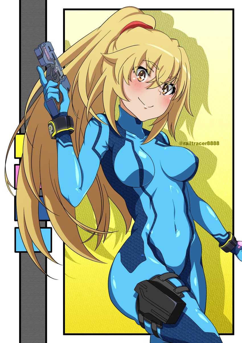 1girl absurdres alternate_costume blonde_hair blue_bodysuit bodysuit breasts cosplay covered_navel gun highres holding holding_gun holding_weapon large_breasts long_hair metroid ponytail railtracer8888 samus_aran samus_aran_(cosplay) shadow shokuhou_misaki skin_tight solo sparkling_eyes star-shaped_pupils star_(symbol) symbol-shaped_pupils toaru_kagaku_no_railgun toaru_majutsu_no_index weapon yellow_eyes zero_suit