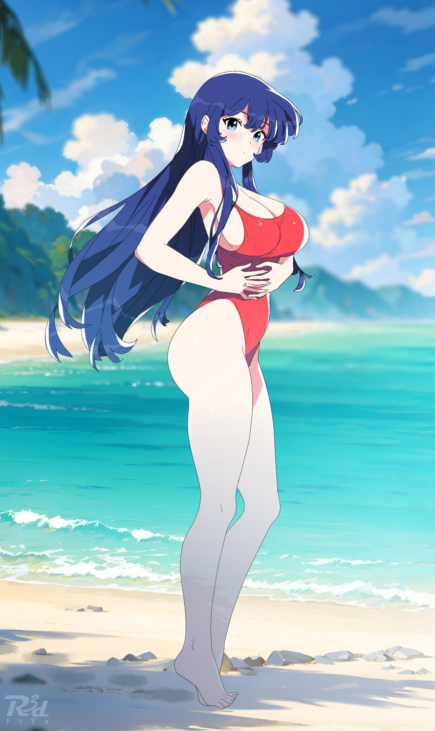 1990s_(style) 1girl absurdres barefoot beach blue_eyes blue_hair blush breasts cloud commentary_request cumulonimbus_cloud feet full_body highleg highleg_swimsuit highres kidou_senkan_nadesico large_breasts long_hair looking_at_viewer misumaru_yurika one-piece_swimsuit outdoors r3dfive red_one-piece_swimsuit retro_artstyle solo standing swimsuit toes