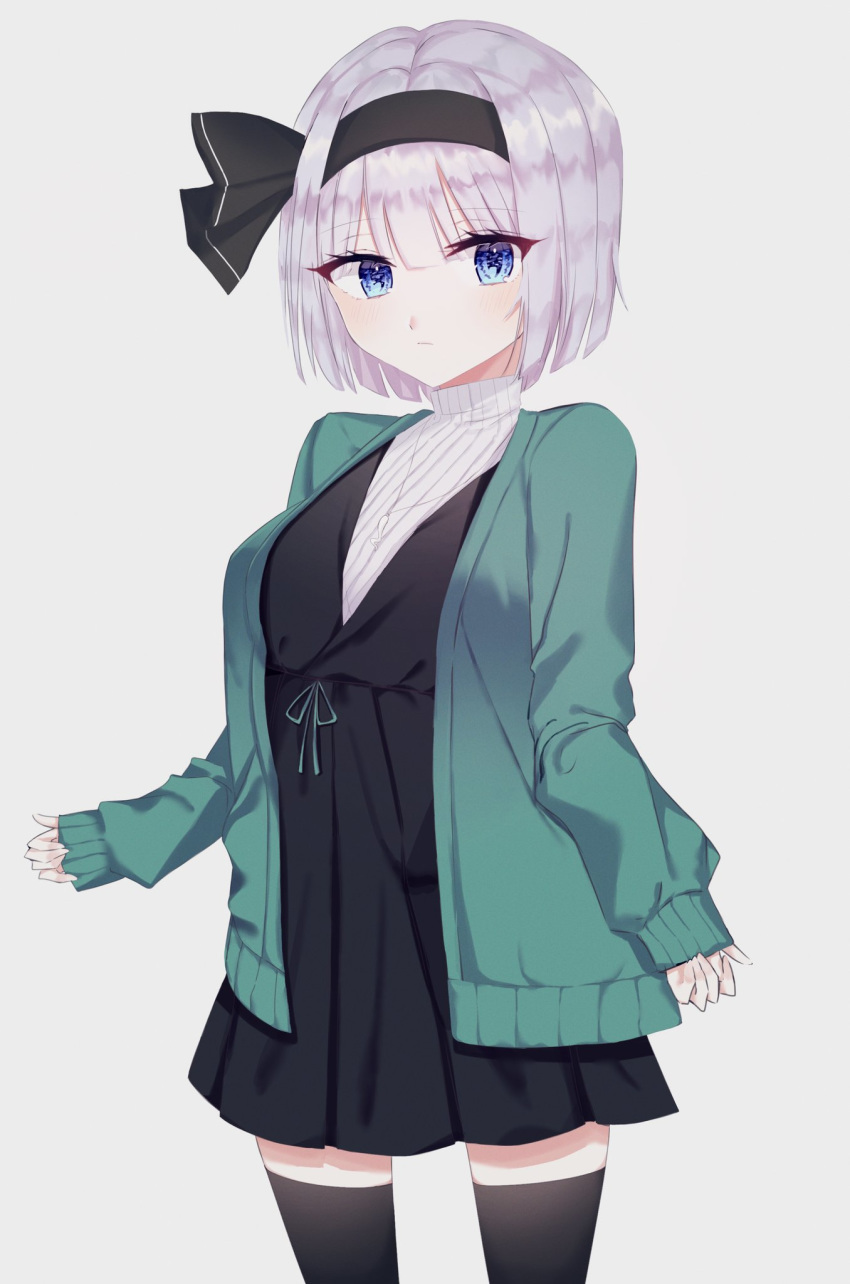 1girl bangs black_dress black_hairband black_legwear blue_eyes closed_mouth dress eyebrows_visible_through_hair green_vest grey_background hairband highres kitty konpaku_youmu long_sleeves shirt short_hair silver_hair simple_background sleeves_past_wrists solo touhou vest white_shirt