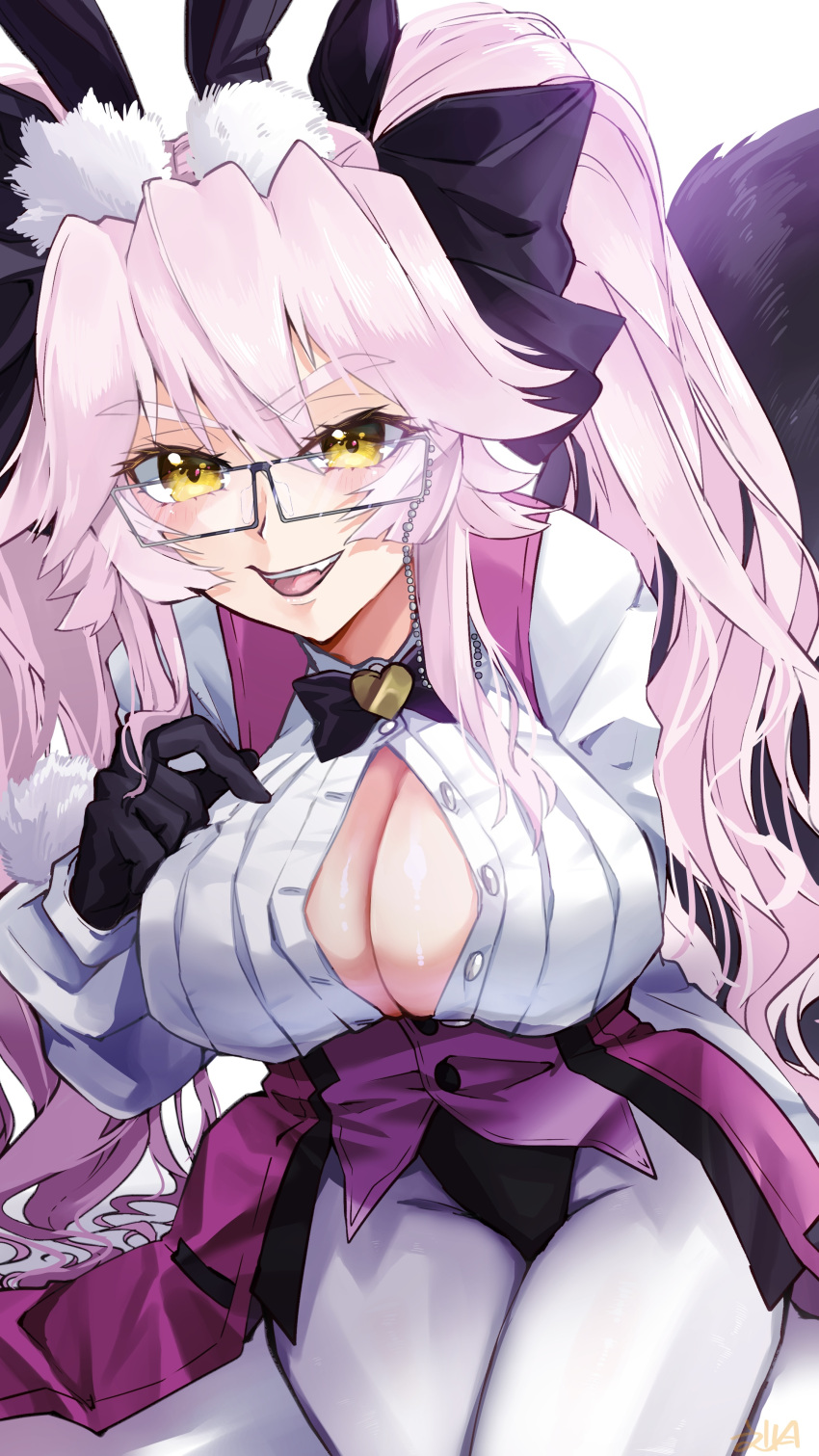 1girl absurdres animal_ear_fluff animal_ears black_bow black_gloves bow breasts cleavage coattails corset fang fate/grand_order fate_(series) fox_tail fumizuki_kazuhito glasses gloves grey-framed_eyewear hair_between_eyes hair_bow highres koyanskaya_(assassin)_(second_ascension)_(fate) koyanskaya_(fate) large_breasts long_hair long_sleeves looking_at_viewer open_clothes open_shirt pantyhose pink_hair rabbit_ears sitting smile solo tail tamamo_(fate) twintails underbust white_pantyhose yellow_eyes