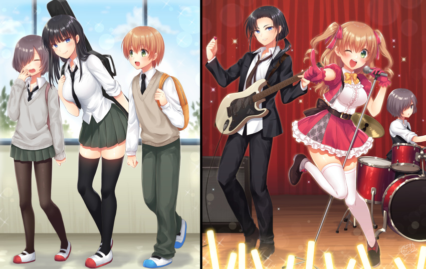 1boy 2girls bangs before_and_after black_hair blue_eyes bob_cut breast_padding breasts commentary commentary_request commission crossdressing drum drum_set eyebrows_visible_through_hair green_eyes grey_eyes grey_hair guitar hair_over_one_eye hair_slicked_back highres idol_clothes instrument large_breasts light_stick long_hair looking_at_viewer low_ponytail microphone multiple_girls nakamura_hinato orange_hair original otoko_no_ko pantyhose reverse_trap ringlets school_uniform skeb_commission thighhighs tomboy twintails