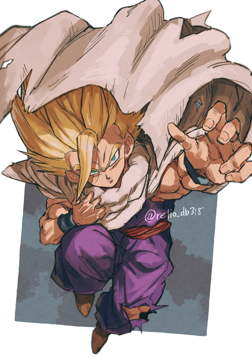 1boy absurdres blonde_hair cape dougi dragon_ball dragon_ball_z full_body green_eyes highres male_focus outstretched_arm pants purple_pants purple_shirt red_sash relio_db318 sash shirt solo son_gohan super_saiyan super_saiyan_2 twitter_username white_cape