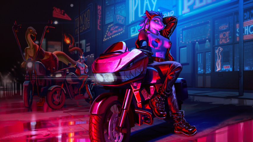 16:9 absurd_res aria_(neracoda) barbell_piercing boots breasts clothing duo female footwear hi_res lamanon motorcycle nipples piercing reptile scalie snake vehicle widescreen