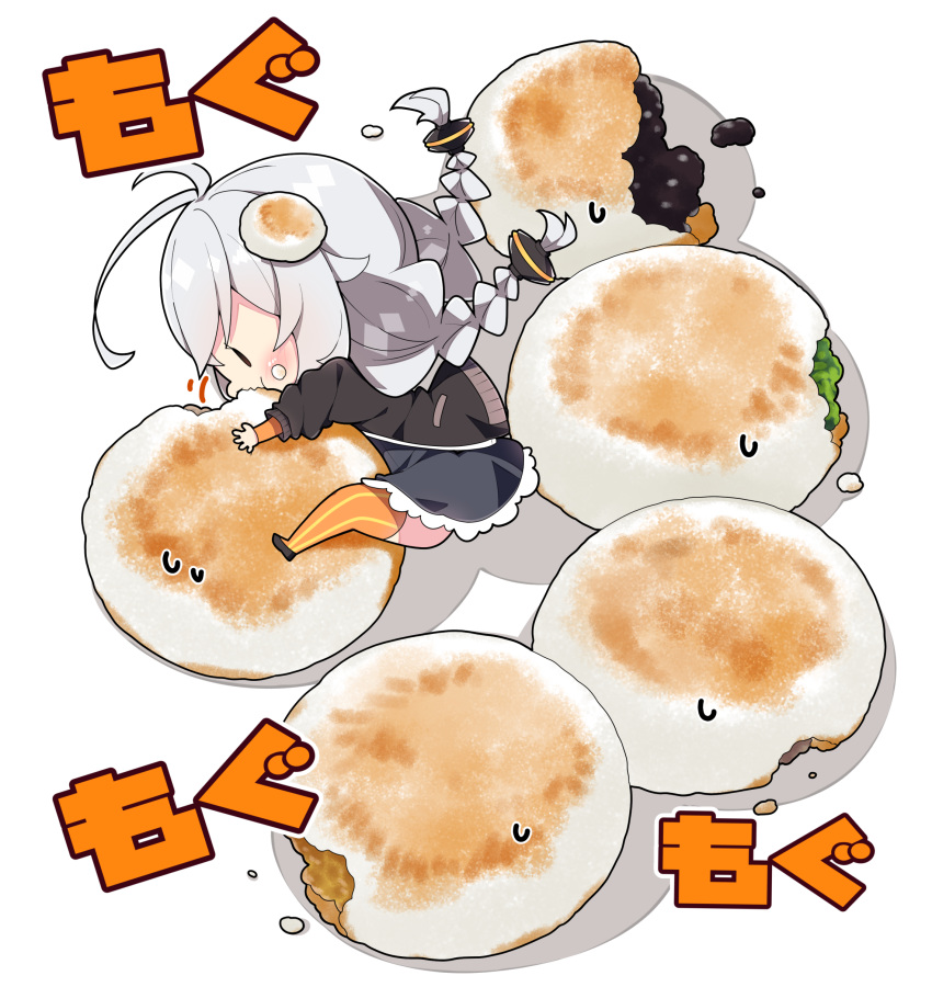 1girl absurdres antenna_hair black_dress black_jacket dress eating food food-themed_hair_ornament grey_hair hair_ornament highres jacket kizuna_akari long_hair long_sleeves milkpanda orange_thighhighs simple_background solo striped_clothes striped_thighhighs thighhighs twintails vertical-striped_clothes vertical-striped_thighhighs voiceroid white_background