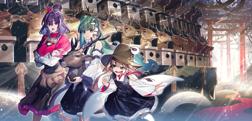 3girls animal_head blonde_hair brown_hat crossed_arms deer deer_head detached_sleeves frog_hair_ornament green_eyes green_hair hair_ornament hat highres holding_head kochiya_sanae leaf_hair_ornament long_tongue mirror moriya_suwako multiple_girls nontraditional_miko outdoors purple_hair smile tongue torii touhou very_long_tongue white_sleeves wide_sleeves yasaka_kanako zounose