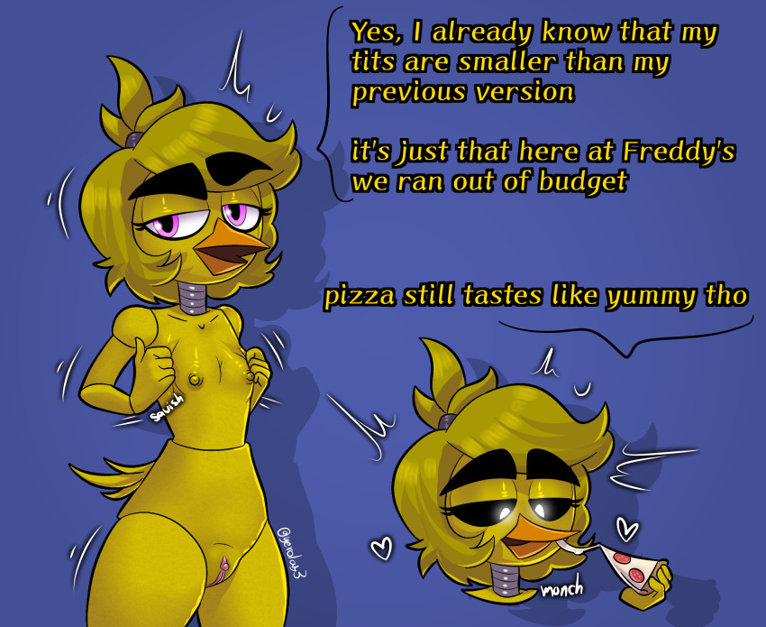 animatronic anthro avian bird black_eyes breasts chica_(fnaf) chicken dialogue digital_drawing_(artwork) digital_media_(artwork) eating english_text eyebrows female five_nights_at_freddy's food galliform gallus_(genus) genitals hair hi_res machine nude phasianid pink_eyes pizza pussy robot scottgames short_hair small_breasts solo text thick_eyebrows yerolay