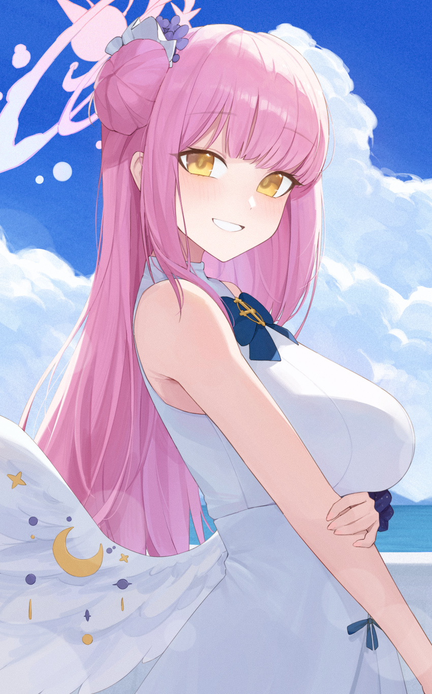 1girl absurdres blue_archive blue_sky blush breasts cloud dress feathered_wings hair_bun halo highres holding_own_arm large_breasts long_hair looking_at_viewer looking_to_the_side mika_(blue_archive) outdoors pink_hair scrunchie single_side_bun sky sleeveless sleeveless_dress smile solo very_long_hair weimiaw white_dress white_wings wings wrist_scrunchie yellow_eyes