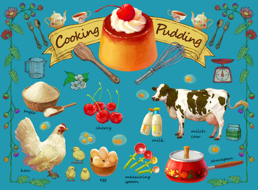 absurdres animal bird bottle butayaro1 cherry chicken cow cup egg egg_(food) flower food food_focus fork fruit highres measuring_cup measuring_spoon milk milk_bottle no_humans original pudding saucepan spoon tea teacup teapot whipped_cream whisk