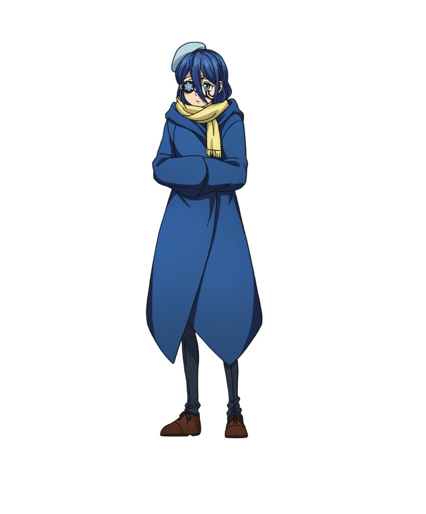 1girl blue_eyes blue_hair blue_hat blue_robe brown_footwear character_request eyepatch facial_mark full_body hair_between_eyes hat highres long_sleeves mashle official_art robe solo tachi-e transparent_background