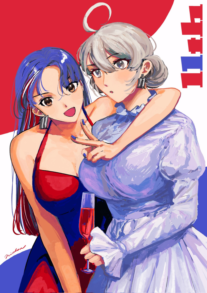 2girls anniversary arm_around_neck blue_hair blue_nails breasts brown_eyes champagne_flute cleavage cup dress drinking_glass earrings grey_eyes grey_hair hair_between_eyes halterneck highres holding holding_cup jewelry juliet_sleeves kantai_collection large_breasts long_hair long_sleeves multiple_girls nail_polish nidou open_mouth puffy_sleeves red_dress red_hair signature simple_background sleeveless sleeveless_dress south_dakota_(kancolle) two-tone_background v washington_(kancolle) white_dress white_hair