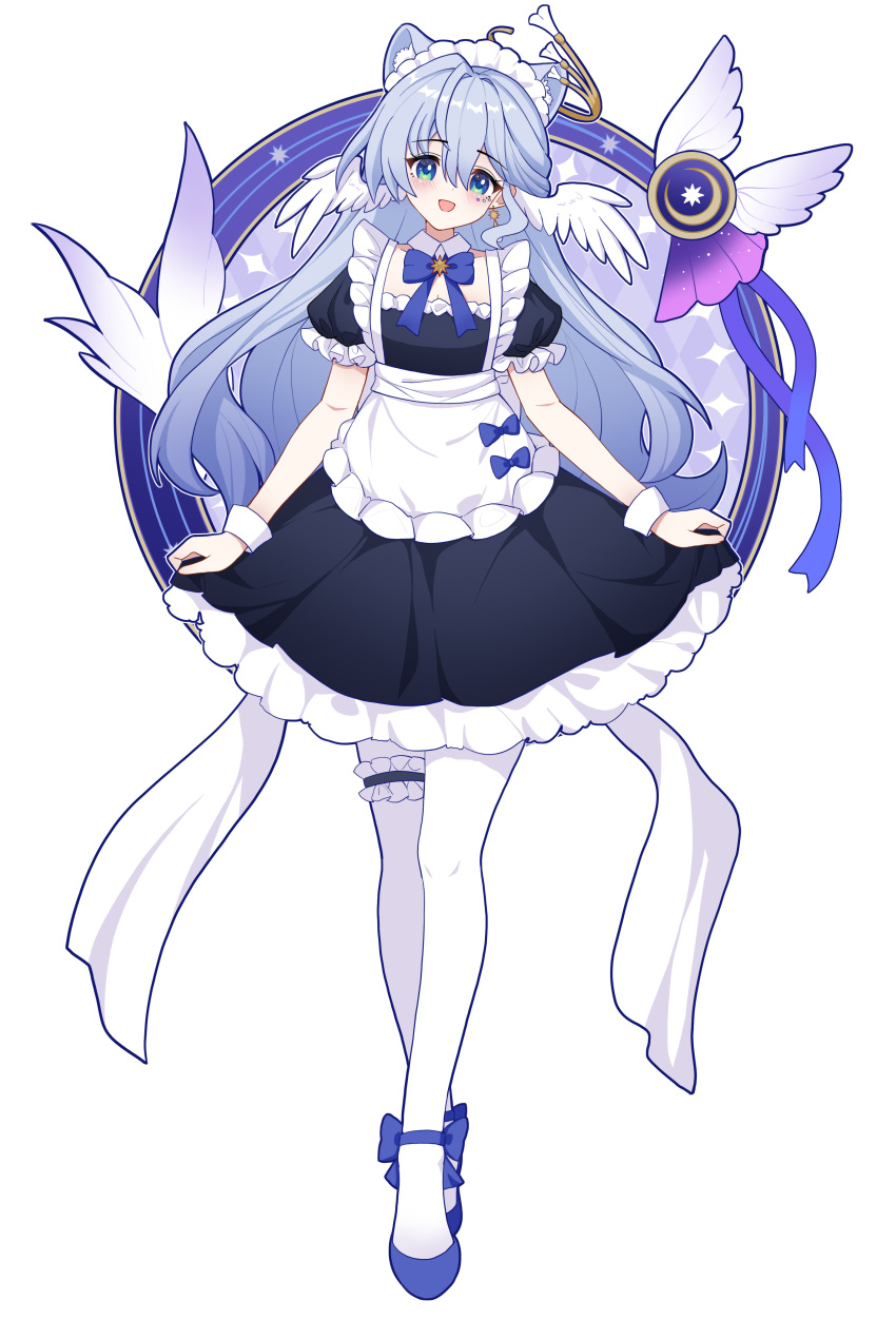 1girl absurdres alternate_costume animal_ears apron aqua_eyes black_dress dress earrings enmaided ff2074 full_body hair_between_eyes halo head_wings highres honkai:_star_rail honkai_(series) jewelry long_hair looking_at_viewer maid maid_apron maid_headdress open_mouth pantyhose purple_footwear robin_(honkai:_star_rail) short_sleeves simple_background smile solo standing white_background white_pantyhose white_wings wings wrist_cuffs