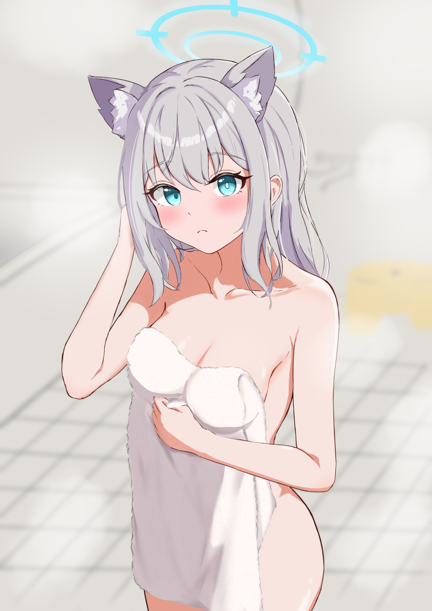 1girl absurdres animal_ear_fluff animal_ears bathroom bathtub blue_archive blue_halo blush breasts cleavage closed_mouth commentary_request cowboy_shot extra_ears green_eyes grey_hair halo hand_up highres hojichabu indoors long_hair looking_at_viewer medium_breasts mismatched_pupils naked_towel revision shiroko_(blue_archive) solo standing towel wolf_ears