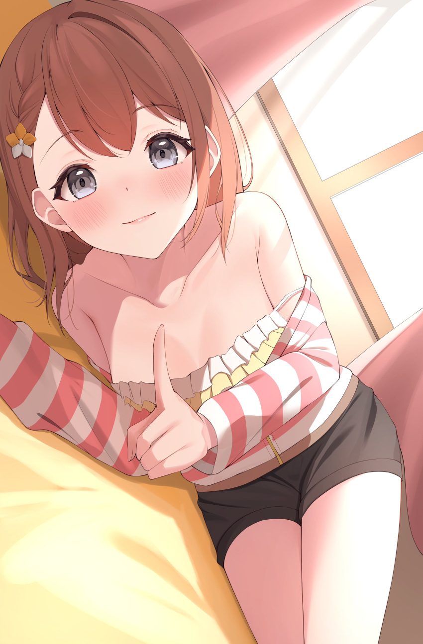 1girl absurdres bare_shoulders blush breasts brown_hair charl_414 cleavage closed_mouth collarbone flower hair_flower hair_ornament hairclip hanasato_minori highres index_(toaru_majutsu_no_index) indoors long_sleeves looking_at_viewer lying off_shoulder on_side pointing project_sekai shorts smile solo window