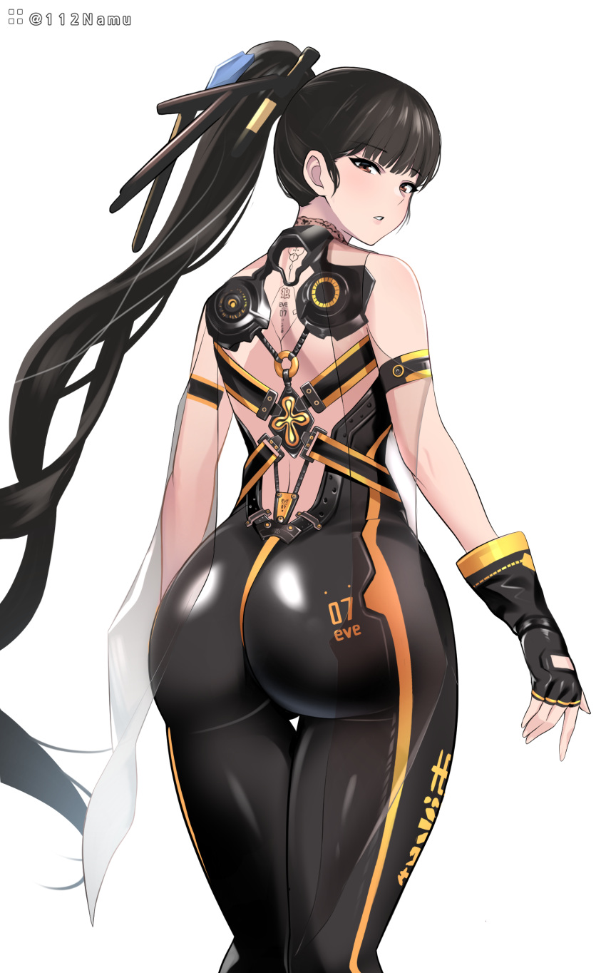 1girl absurdres ass black_bodysuit black_hair blunt_bangs bodysuit breasts brown_eyes english_commentary eve_(stellar_blade) from_behind hair_ornament highres long_hair looking_at_viewer looking_back namu_(112namu) official_alternate_color planet_diving_suit_(7th)_(stellar_blade) ponytail skin_tight solo stellar_blade twitter_username very_long_hair white_background