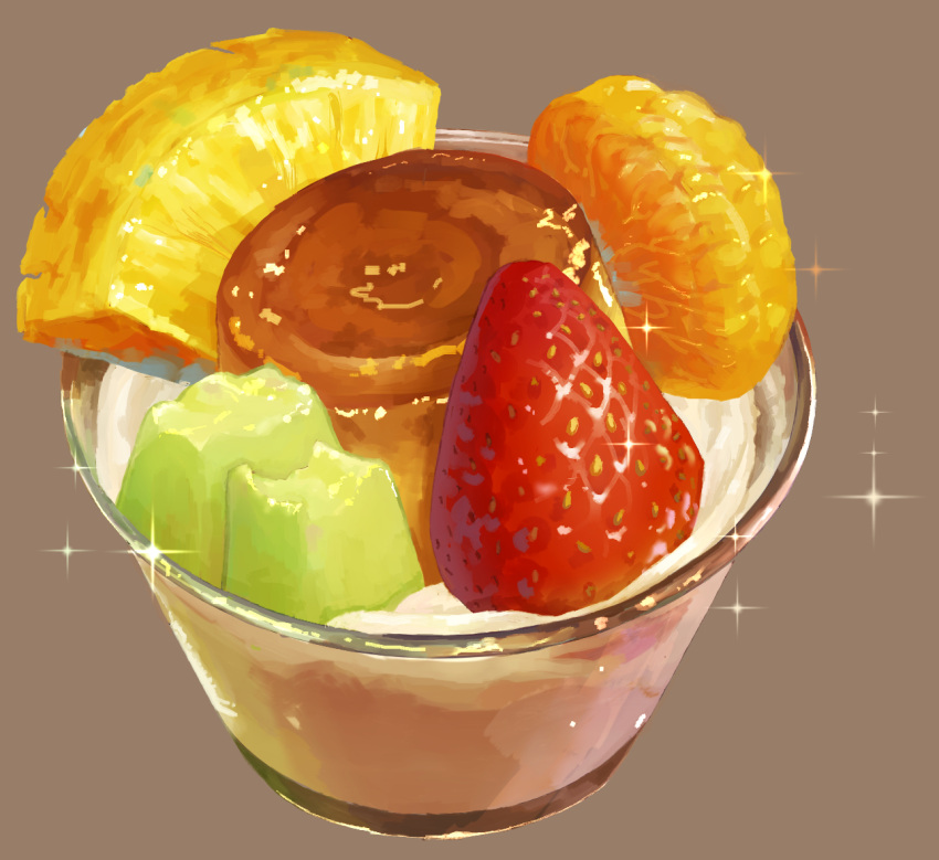 butayaro1 cup food food_focus fruit grey_background melon melon_slice original pineapple pineapple_slice pudding simple_background sparkle strawberry