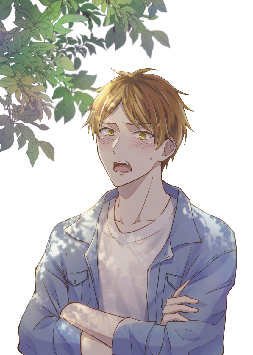 1boy absurdres blonde_hair blue_jacket blush crossed_arms datenshihitsugi given highres jacket kashima_hiiragi_(given) leaf long_sleeves looking_at_viewer male_focus multicolored_hair open_clothes open_jacket open_mouth shirt short_hair simple_background solo streaked_hair sweatdrop teeth tree_shade upper_body white_background white_shirt