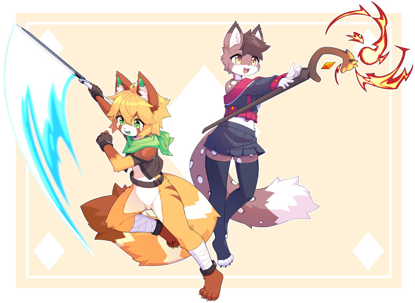 absurd_res ailurid anthro armor bandanna bottomwear brown_body brown_fur clothing devil-vox dungeons_and_dragons duo felid fur hasbro hi_res kerchief leather leather_armor legwear magic_user male male/male mammal melee_weapon orange_body orange_fur pantherine red_panda saur_(thatsaurguy) skirt snow_leopard spots staff standing stripes sword thigh_highs torkle weapon wizards_of_the_coast wrappings