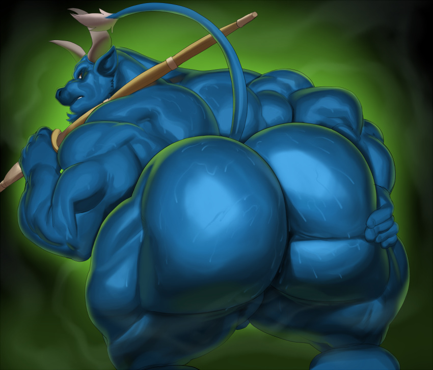 anthro back_muscles big_butt blue_body blue_skin bodily_fluids bovid bovine butt cattle horn huge_butt justmegabenewell male mammal muscular muscular_anthro muscular_male muscular_thighs solo spread_butt spreading sweat sweatdrop