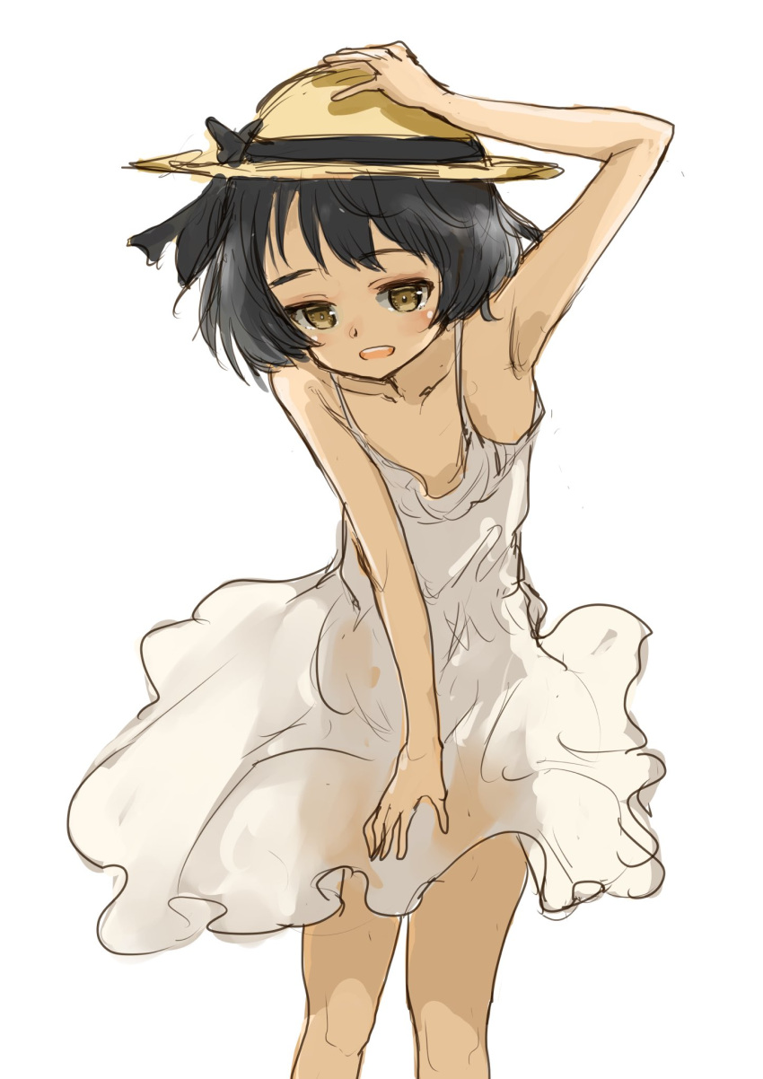 1girl :d adjusting_clothes adjusting_headwear arm_up armpits bare_shoulders black_bow black_hair black_ribbon blush bob_cut bow breasts brown_eyes brown_hat clothes_lift collarbone cowboy_shot dress dress_lift dress_tug girls_und_panzer hat hat_bow hat_ribbon highres looking_at_viewer murayama_kei no_bra open_mouth ribbon see-through_silhouette short_hair simple_background sketch sleeveless sleeveless_dress small_breasts smile solo spaghetti_strap straw_hat sun_hat sundress teeth upper_teeth_only utsugi_yuuki white_background white_dress wind wind_lift