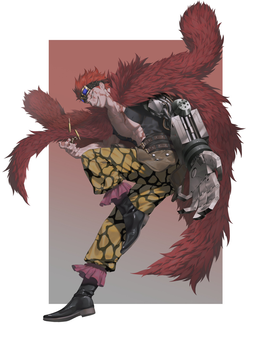 1boy abs absurdres black_footwear boots bullet coat collarbone commentary_request eustass_kid full_body fur_coat goggles grin highres ksuke_(k-taro31) looking_to_the_side magnetism male_focus muscular muscular_male one_piece pants pectorals prosthesis prosthetic_arm red_eyes red_hair red_lips red_nails scar scar_on_face short_hair smile solo