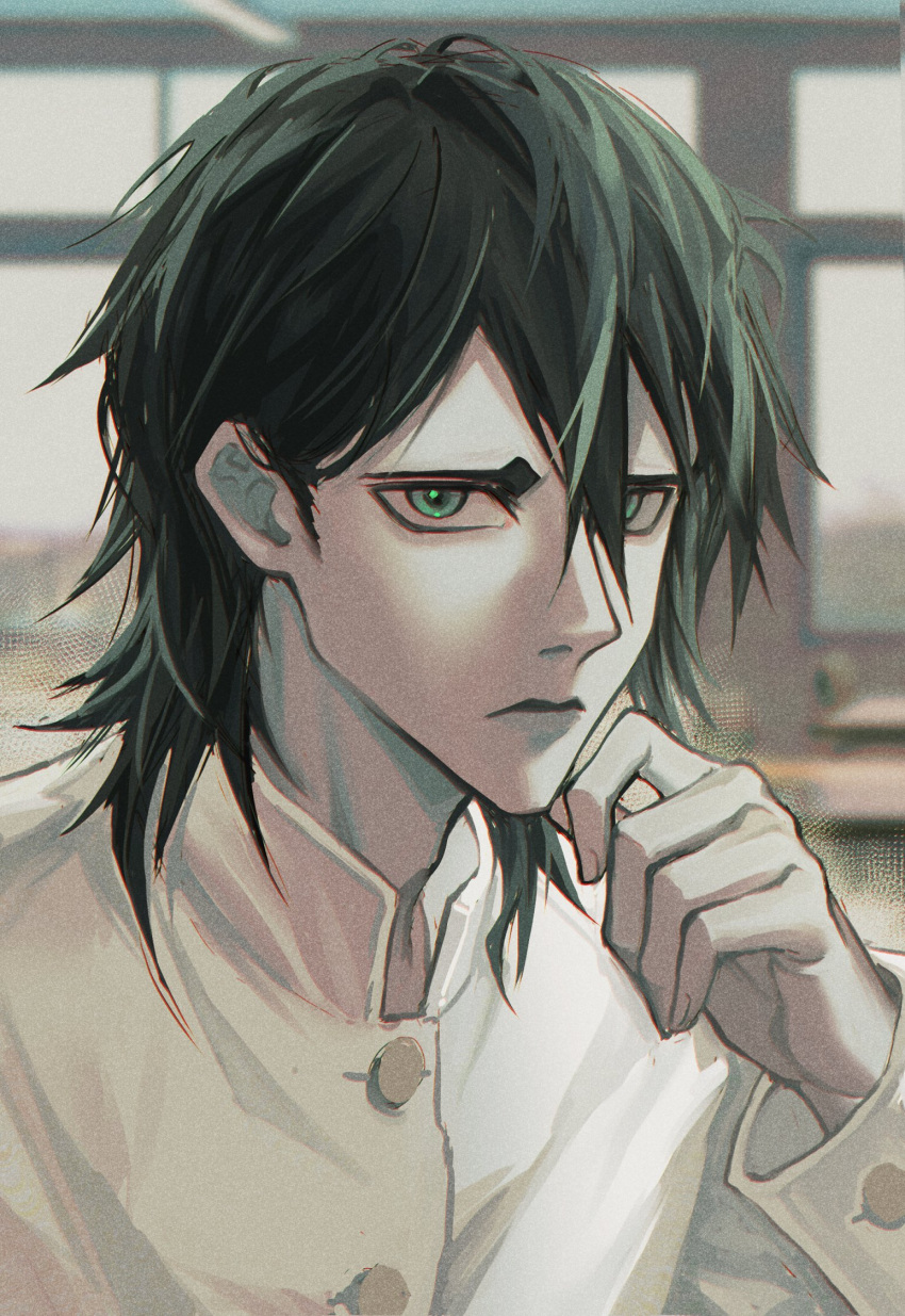 1boy black_hair black_lips bleach classroom closed_mouth green_eyes hair_between_eyes hand_on_own_chin hand_up highres humanization indoors long_sleeves male_focus medium_hair pale_skin portrait school_uniform shirt solo takenokoqvq ulquiorra_cifer white_shirt