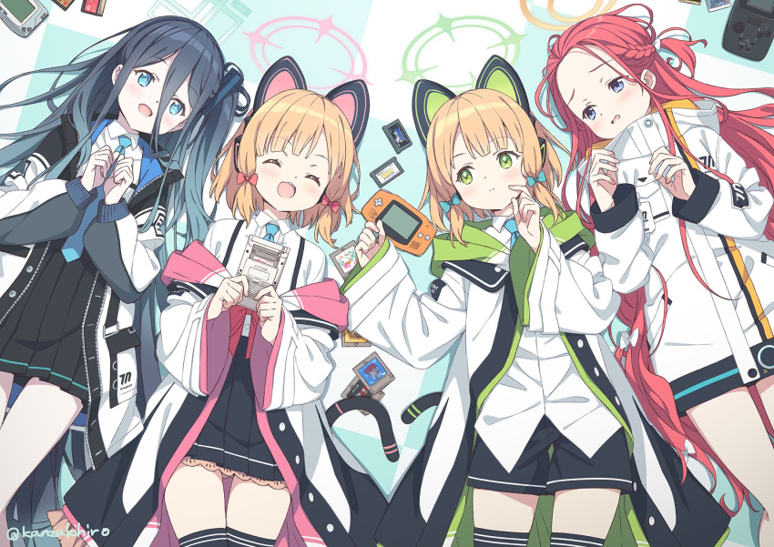 4girls :d ^_^ animal_ear_headphones animal_ears aris_(blue_archive) black_hair black_skirt blonde_hair blue_archive blue_bow blue_eyes bow braid cat_ear_headphones cat_tail closed_eyes commentary_request fake_animal_ears fake_tail game_boy game_development_department_(blue_archive) green_eyes green_halo hair_between_eyes hair_bow halo handheld_game_console headphones highres jacket kanzaki_hiro long_hair long_sleeves looking_at_another lying midori_(blue_archive) momoi_(blue_archive) multiple_girls on_back pink_halo pleated_skirt red_bow red_hair shirt short_hair skirt smile tail thighs twitter_username very_long_hair white_jacket white_shirt yellow_halo yuzu_(blue_archive)