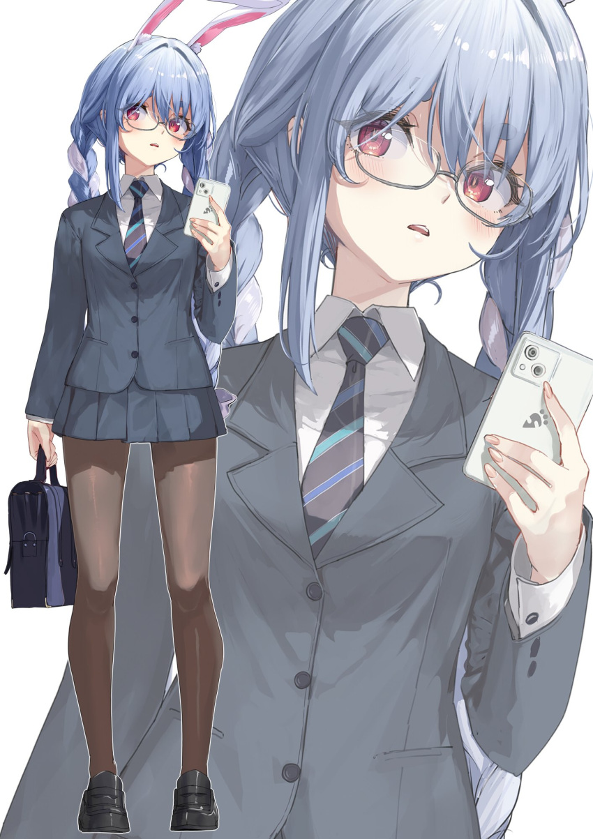 1girl akasaai alternate_costume animal_ear_fluff animal_ears bag black_footwear black_necktie black_pantyhose blazer blue_hair braid breasts briefcase cellphone collared_shirt commentary d: english_commentary extra_ears full_body glasses grey_jacket grey_skirt highres hikimayu holding holding_briefcase holding_phone hololive jacket lapels loafers long_hair long_sleeves looking_at_viewer miniskirt multicolored_hair necktie notched_lapels pantyhose phone pleated_skirt rabbit-shaped_pupils rabbit_ears rabbit_tail red_eyes school_bag school_uniform semi-rimless_eyewear shirt shoes short_eyebrows sidelocks skirt small_breasts smartphone solo standing symbol-shaped_pupils tail teeth thick_eyebrows twin_braids twintails two-tone_hair upper_teeth_only usada_pekora virtual_youtuber white_background white_hair white_shirt