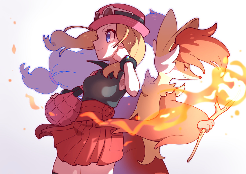 1girl animal_ears bag bare_shoulders black_shirt black_thighhighs blonde_hair blue_eyes delphox eyewear_on_head fire fox fox_ears hat highres omochi_(omotimotittona3) pink_hat pokemon pokemon_(creature) pokemon_xy red_skirt serena_(pokemon) shirt skirt thighhighs wristband