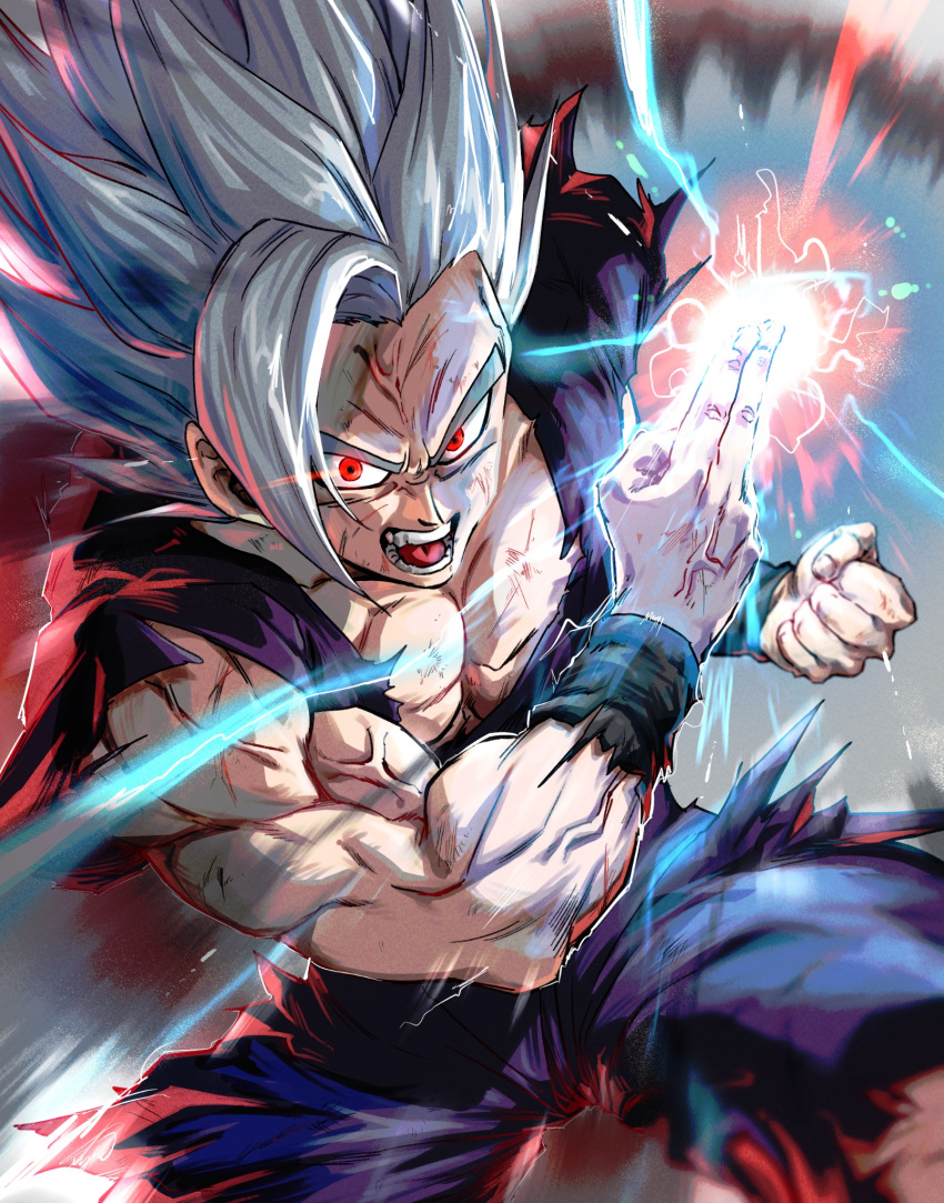 1boy blurry blurry_foreground clenched_hand cowboy_shot dougi dragon_ball dragon_ball_super dragon_ball_super_super_hero electricity gohan_beast highres makankousappou medium_hair muscular muscular_male open_mouth pants powering_up purple_pants purple_shirt red_eyes shirt single_bang solo son_gohan stynl_f torn_clothes torn_pants torn_shirt v-neck white_hair