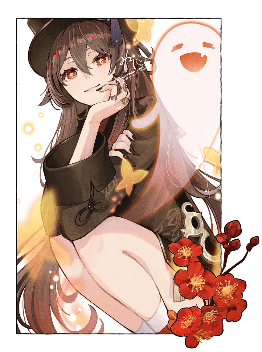 1girl absurdres black_hat black_nails boo_tao_(genshin_impact) border brown_coat brown_hair chinese_clothes coat collared_coat commentary flower flower-shaped_pupils genshin_impact ghost hand_on_own_arm hat hat_tassel head_on_hand head_rest highres hu_tao_(genshin_impact) jewelry long_hair looking_at_viewer misoshiru_umai4 multiple_rings plum_blossoms porkpie_hat red_eyes ring sidelocks signature socks solo squatting symbol-shaped_pupils twitter_username white_border white_socks