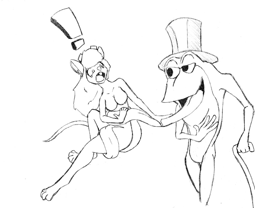 ! amphibian anthro cane chaoshetra chip_'n_dale_rescue_rangers clothing disney duo female frog gadget_hackwrench hat headgear headwear male male/female mammal michigan_j_frog monochrome mouse murid murine rodent tongue top_hat vore