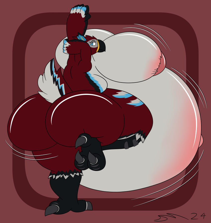 absurd_res anthro avian avian_feet beak belly big_belly big_breasts big_butt bird breasts butt dirtymac feathers feet female hi_res huge_belly huge_breasts huge_butt hyper hyper_belly hyper_breasts hyper_butt hyper_pregnancy nintendo pregnant pregnant_female red_body red_feathers rito talons the_legend_of_zelda toes