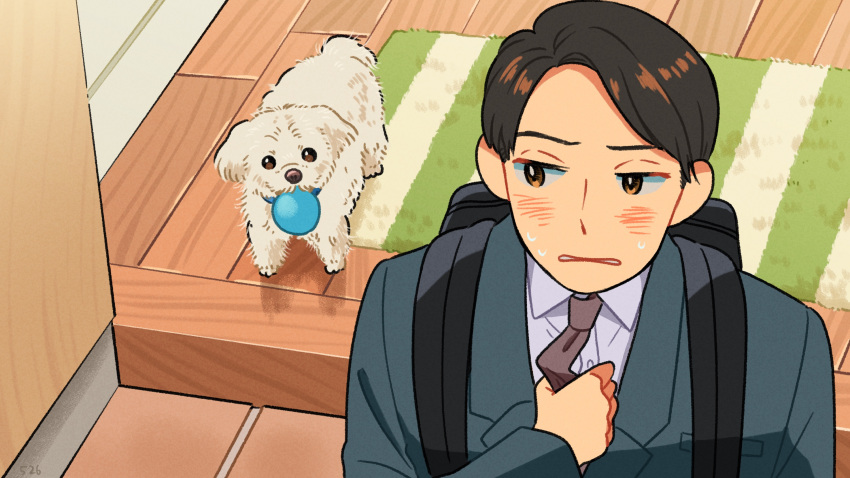 1boy adjusting_clothes adjusting_necktie backpack bag black_hair blue_jacket blush brown_necktie collared_shirt dog forehead foyer highres indoors jacket kojiro337 looking_to_the_side male_focus necktie open_mouth original rug shirt short_hair sideways_glance solo suit_jacket sweat swept_bangs upper_body white_shirt wooden_floor