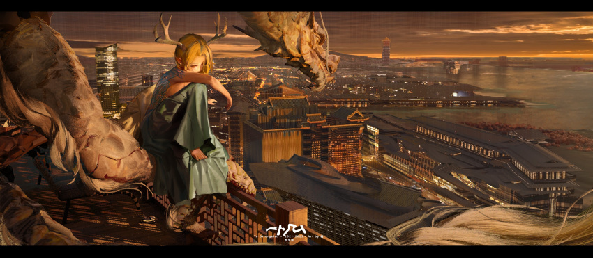 1girl absurdres antlers architecture arm_on_knee artist_name back back_tattoo bare_shoulders barefoot blonde_hair brown_theme building city city_lights cityscape crosswalk diao_(nrays) dragon dragon_girl dragon_tail dress east_asian_architecture eastern_dragon feet green_dress highres horns kicchou_yachie lake looking_down orange_eyes pointy_ears road short_hair sitting skyscraper street tail tattoo toes topless touhou tree