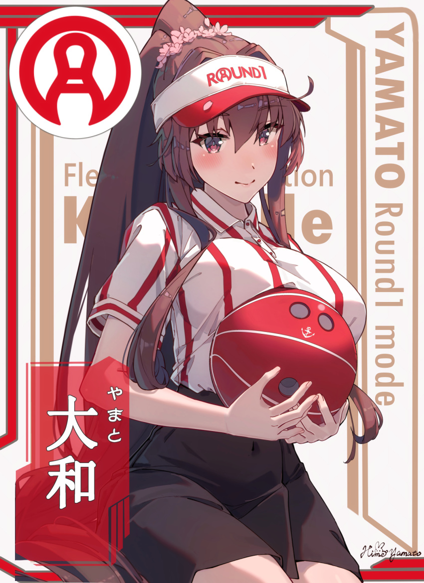 1girl alternate_costume artist_name ball black_skirt black_socks bowling bowling_ball breasts brown_hair cherry_blossoms commentary_request english_text flower hair_between_eyes hair_flower hair_intakes hair_ornament headgear highres himeyamato holding holding_ball huge_breasts kantai_collection long_hair miniskirt mixed-language_commentary ponytail red_eyes shirt short_sleeves sidelocks skirt smile socks solo striped_clothes striped_shirt translated umbrella vertical-striped_clothes vertical-striped_shirt very_long_hair visor_cap yamato_(kancolle)