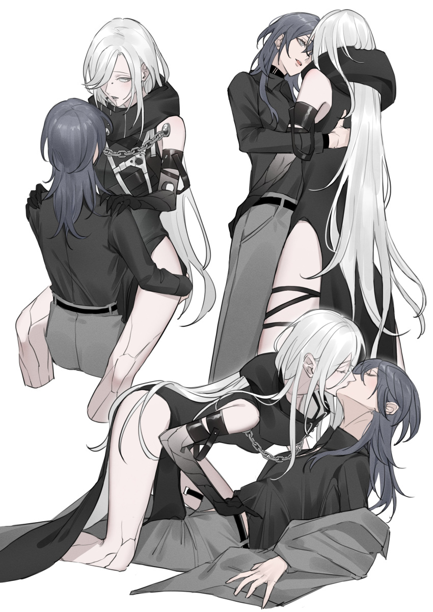 2girls absurdres armband bare_legs black_hair bridge_piercing chain chief_(path_to_nowhere) collared_shirt commentary_request cracked_skin dress female_chief_(path_to_nowhere) gradient_skin grey_pants hand_under_clothes hand_under_shirt hands_on_another's_shoulders highres hooded_dress kiss long_hair long_sleeves looking_at_another lying multiple_girls nose_piercing nox_(path_to_nowhere) on_back one_eye_closed pants parted_lips path_to_nowhere pelvic_curtain piercing shirt sleeveless sleeveless_dress smile straddling thigh_strap toho10min white_hair yuri