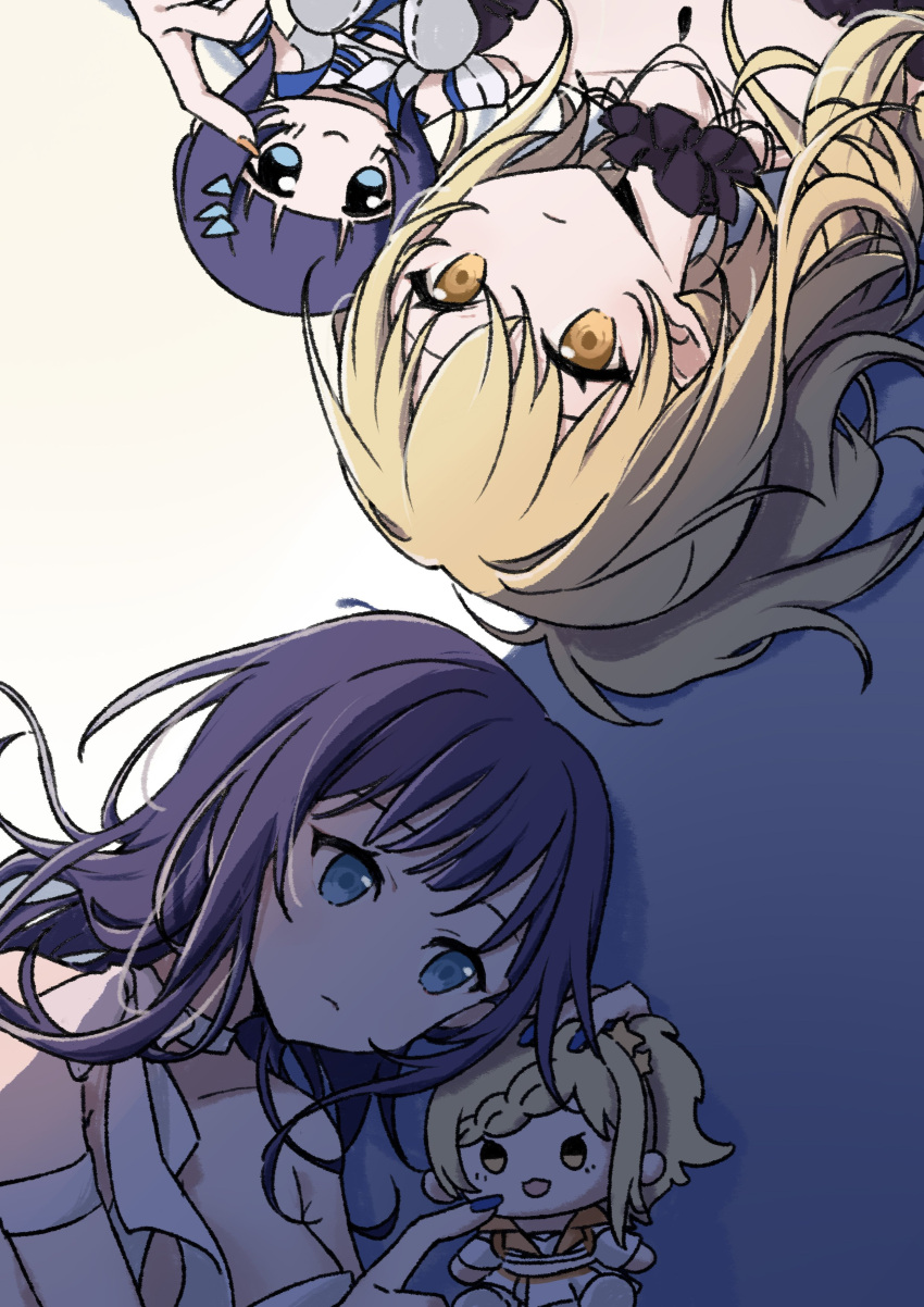 2girls absurdres asaka_karin blonde_hair blue_eyes blue_hair blue_nails character_doll choker collarbone dark_blue_hair diverdiva expressionless frilled_choker frills highres holding holding_stuffed_toy idol_clothes long_hair looking_at_viewer love_live! love_live!_nijigasaki_high_school_idol_club lying miyashita_ai multiple_girls orange_nails ponytail rotational_symmetry shadow stuffed_toy yellow_eyes