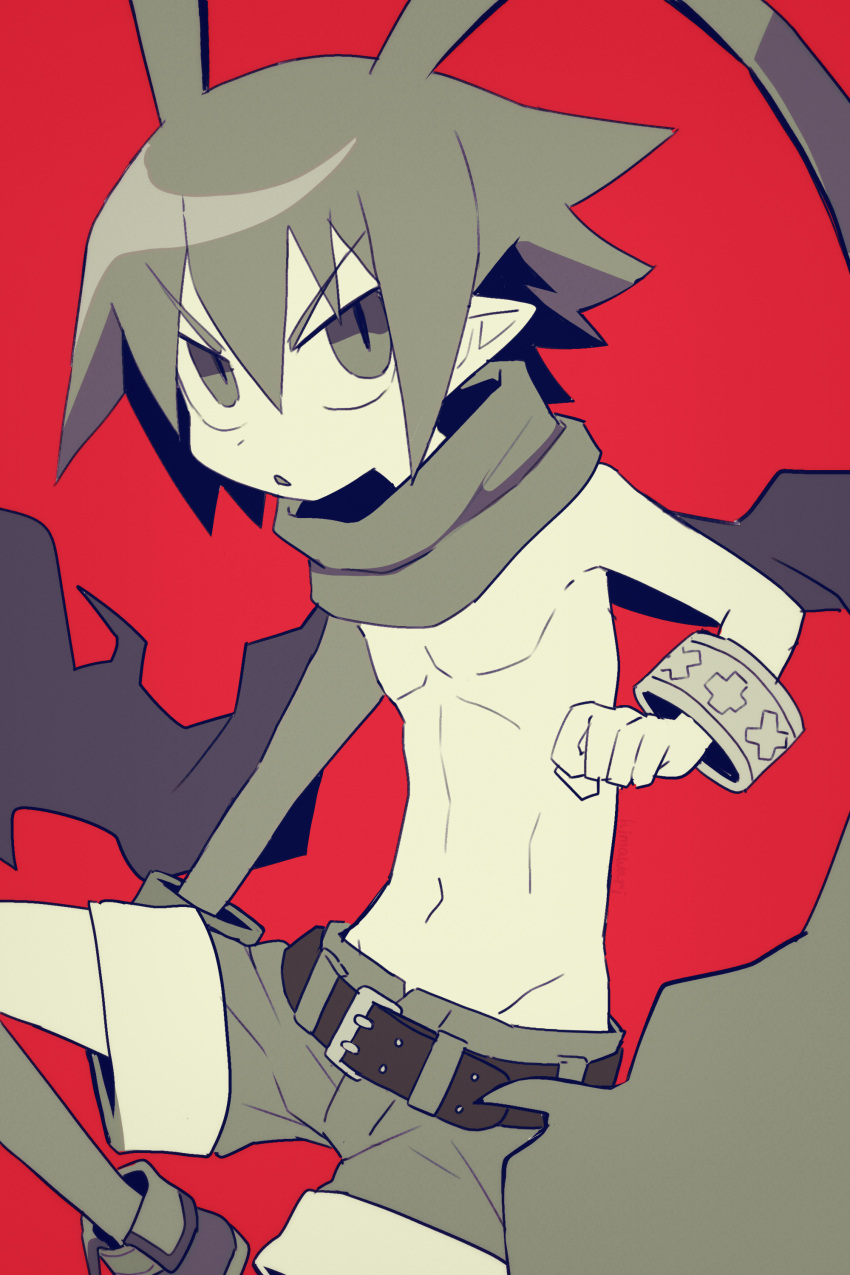 1boy absurdres antenna_hair belt bracelet demon_boy disgaea hair_between_eyes highres himawari_(kawaisounaedesu) jewelry laharl male_focus navel parted_lips pointy_ears red_background scarf shoes shorts solo topless_male