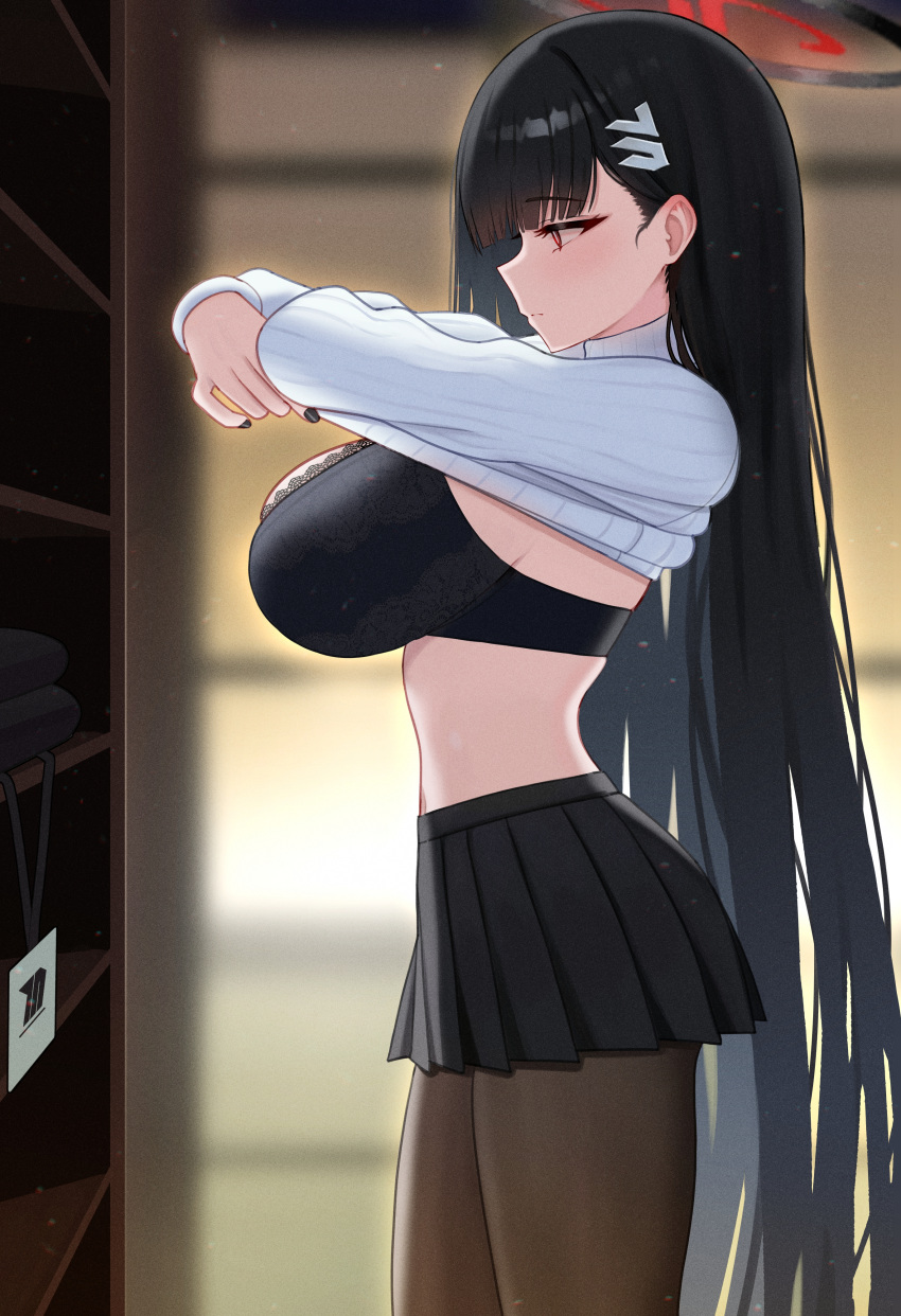 1girl absurdres black_bra black_hair black_nails black_pantyhose black_skirt blue_archive bra breasts fingernails from_side hair_ornament hairpin halo highres large_breasts long_hair long_sleeves mijikayo nail_polish navel pantyhose pleated_skirt profile red_eyes rio_(blue_archive) skirt solo underwear