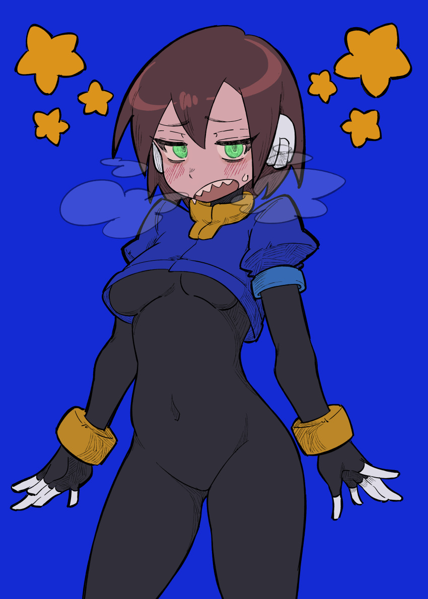 absurdres aile_(mega_man_zx) blue_jacket blush breasts breath brown_hair buzzlyears covered_navel cowboy_shot cropped_jacket glowing glowing_eyes green_eyes highres jacket looking_at_viewer medium_breasts mega_man_(series) mega_man_zx no_pants open_mouth robot_ears sharp_teeth short_hair simple_background star_(symbol) sweat teeth underboob upper_teeth_only white_background