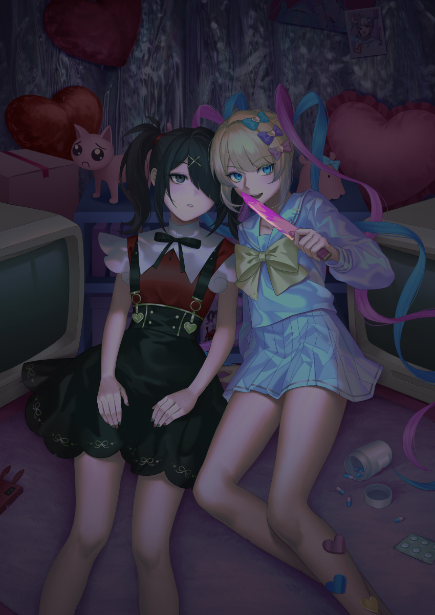 2girls absurdres ame-chan_(needy_girl_overdose) arm_support balloon black_eyes black_hair black_ribbon blister_pack blonde_hair blood blood_on_knife blue_bow blue_eyes blue_hair blue_serafuku blue_shirt blue_skirt bow cat cellphone chouzetsusaikawa_tenshi-chan collared_shirt commentary_request crt curtains dual_persona emoji feet_out_of_frame hair_bow hair_ornament hair_over_one_eye hand_up hands_on_own_legs heart_balloon highres holding holding_knife indoors knife long_hair long_sleeves looking_at_viewer lying multicolored_hair multicolored_nails multiple_girls multiple_hair_bows neck_ribbon needy_girl_overdose on_back open_mouth phone pien_cat_(needy_girl_overdose) pill pill_bottle pink_blood pink_bow pink_hair pleading_face_emoji pleated_skirt purple_bow quad_tails red_shirt ribbon sailor_collar school_uniform serafuku shirt skirt smartphone smile suspender_skirt suspenders titapi twintails x_hair_ornament