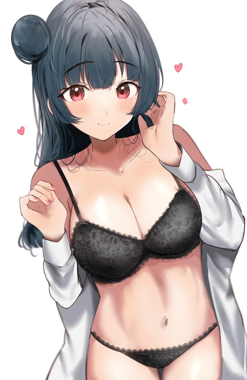 1girl absurdres black_bra black_hair black_panties blush bra breasts cleavage closed_mouth collarbone commentary_request fingernails hair_bun hands_up heart highres lace-trimmed_bra lace-trimmed_panties lace_trim large_breasts long_hair long_sleeves love_live! love_live!_sunshine!! nail_polish navel off_shoulder open_clothes open_shirt panties red_eyes red_nails shirt single_hair_bun single_side_bun smile solo stomach sunya_(honorin-yuunibo) tsushima_yoshiko underwear white_shirt