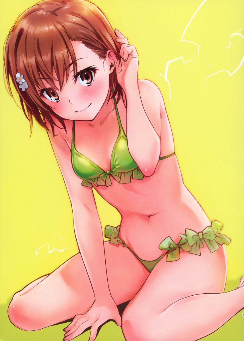 1girl absurdres arm_support bare_shoulders bikini blush breasts brown_eyes brown_hair closed_mouth collarbone electricity electrokinesis green_bikini hair_ornament highres isshi_pyuma lips looking_at_viewer medium_hair misaka_mikoto navel non-web_source psychic sitting small_breasts smile solo stomach swimsuit thighs toaru_kagaku_no_railgun toaru_majutsu_no_index yellow_background