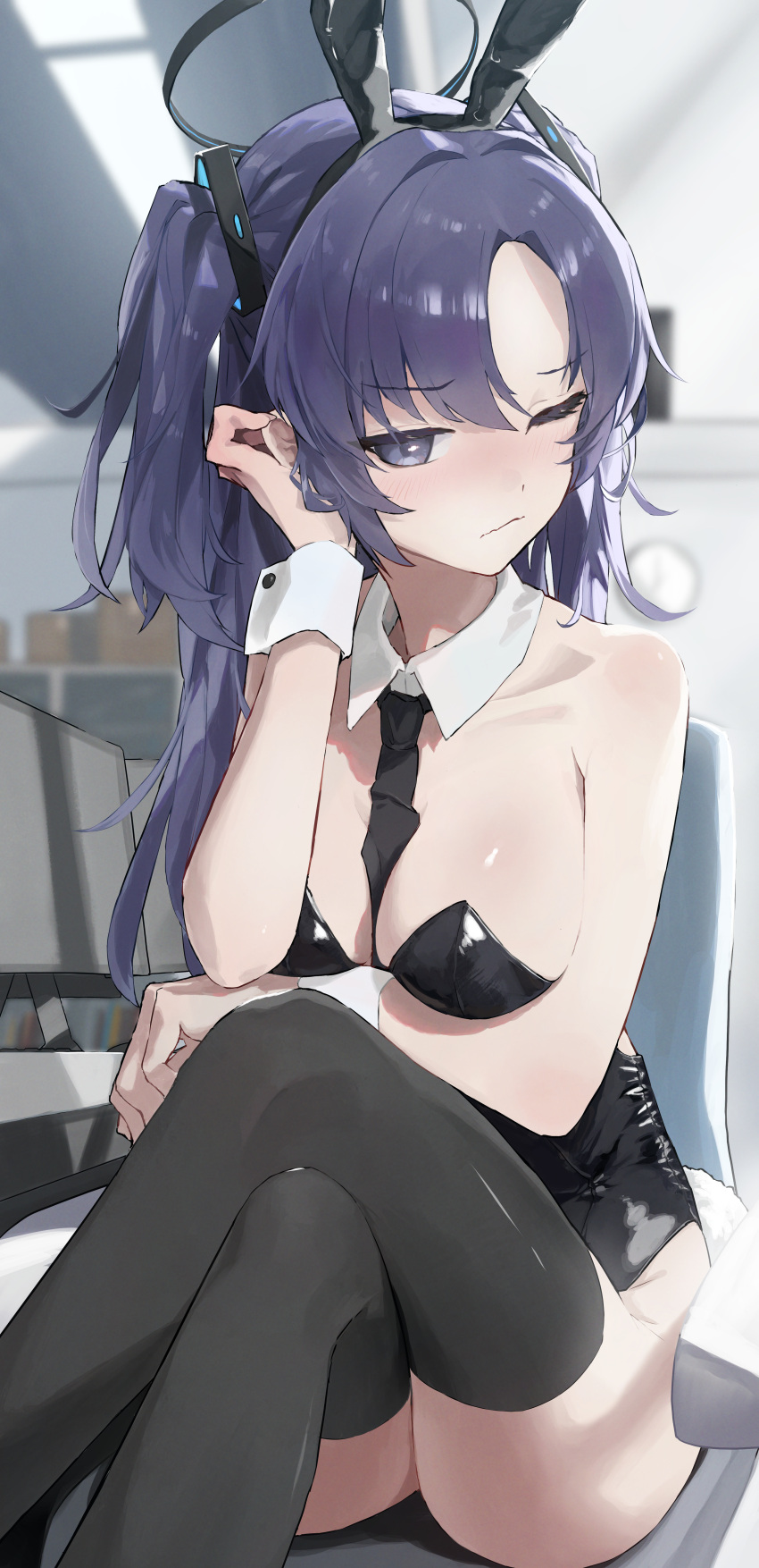 1girl absurdres animal_ears arm_under_breasts bare_shoulders between_breasts black_halo black_leotard black_necktie black_thighhighs blue_archive blush breasts chair crossed_legs detached_collar fake_animal_ears fake_tail hair_ornament halo highleg highleg_leotard highres indoors leotard long_hair looking_at_viewer matttttya1 mechanical_halo medium_breasts monitor necktie necktie_between_breasts nose_blush office_chair one_eye_closed parted_bangs playboy_bunny purple_eyes purple_hair rabbit_ears rabbit_tail sitting solo strapless strapless_leotard swivel_chair tail thighhighs tucking_hair two_side_up wavy_mouth wrist_cuffs yuuka_(blue_archive)