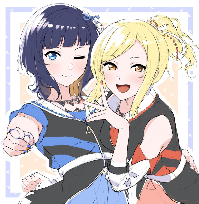 2girls :d asaka_karin blonde_hair blue_dress blue_eyes blue_hair blue_nails blunt_bangs dark_blue_hair detached_sleeves diverdiva dress hair_ornament hair_ribbon hand_on_another's_back highres idol_clothes leaning_forward looking_at_viewer love_live! love_live!_nijigasaki_high_school_idol_club miyashita_ai multiple_girls one_eye_closed open_mouth orange_eyes orange_nails otsumami_(otsu-mugi) pointing pointing_at_viewer ponytail red_dress ribbon short_sleeves sidelocks sketch smile swept_bangs upper_body